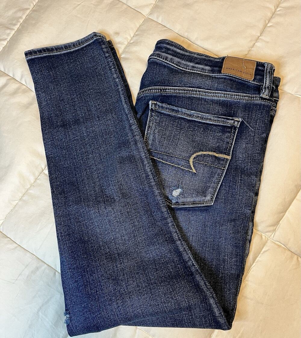 American Eagle Next Level Stretch Skinny Jeans 14 Short Blue Denim Distressed